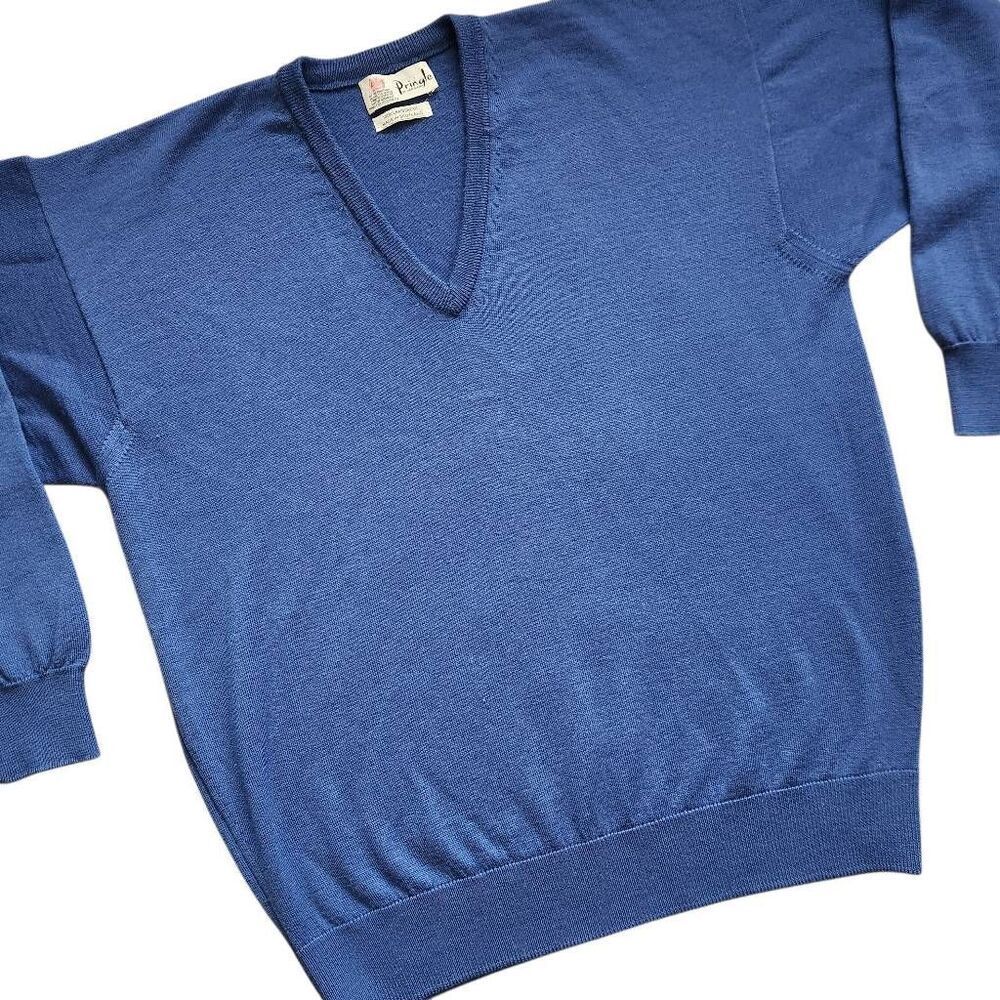 Vintage Pringle Of‎ Scotland Sweater Mens Large Lambswool V Neck Pullover Blue